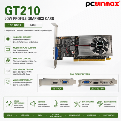 PCWINMAX GT 210 1GB 64bit GDDR3 Low Prof Single Fan HD VGA Desktop Video Card Originale PCI Express 2.0x16 GPU