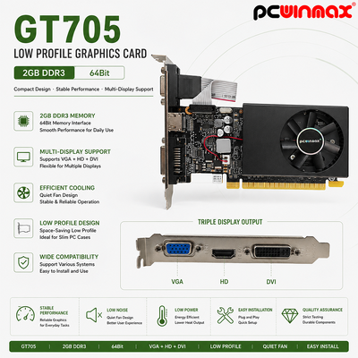 PCWINMAX GT 705 2GB 64Bit GDDR3 Low Profile Single Fan VGA DVI HD Port GPU Graphics Card per desktop