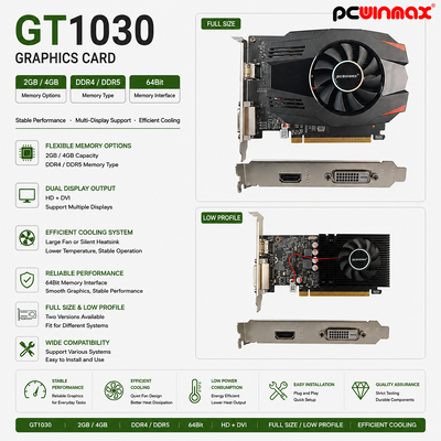 Scheda grafica PCWINMAX GT 1030 GDDR5 ATX da 2 GB Scheda video desktop HD DVI a ventola singola a 64 bit