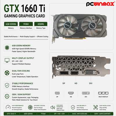 PCWINMAX Geforce GTX 1660 Ti 6GB GPU Scheda Grafica 192 Bit 1500MHz/1770MHz Memoria HD DP DVI 14Gbps