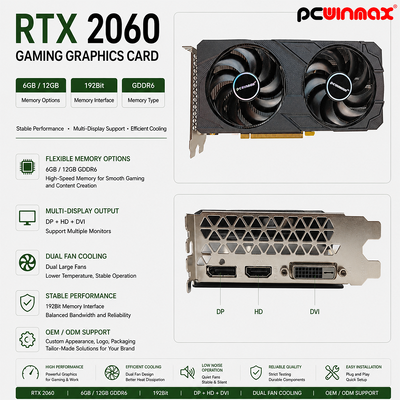PCWINMAX Geforce RTX 2060 6GB GDDR6 192Bit 1680MHz Dual-Fan Gaming Graphics Card con HD/DP/DVI In magazzino per il desktop
