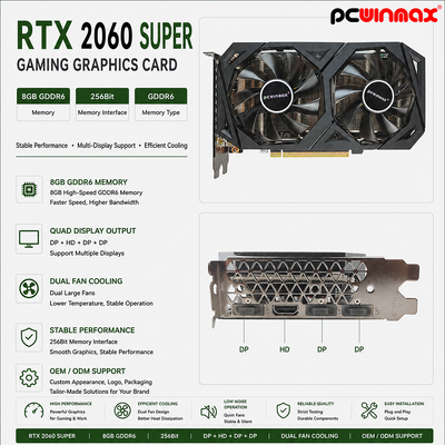 Carta grafica PCWINMAX RTX 2060 Super 8GB GDDR6 256Bit GPU a doppio ventilatore con HD+3DP Ray Tracing per PC da gioco OEM all'ingrosso