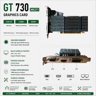 PCWINMAX Graphics Card GT 730 2GB GDDR5 64Bit GPU di raffreddamento passivo a basso profilo con supporti I/O OEM/ODM per HTPC silenziosi e PC per ufficio